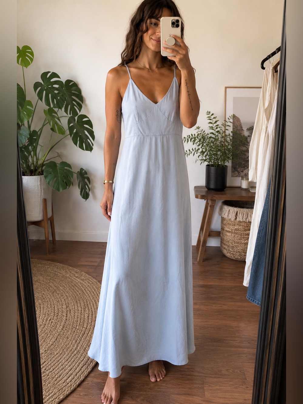 IRIS & INK Light Blue Silk Slip Dress with V-Neck Size 14